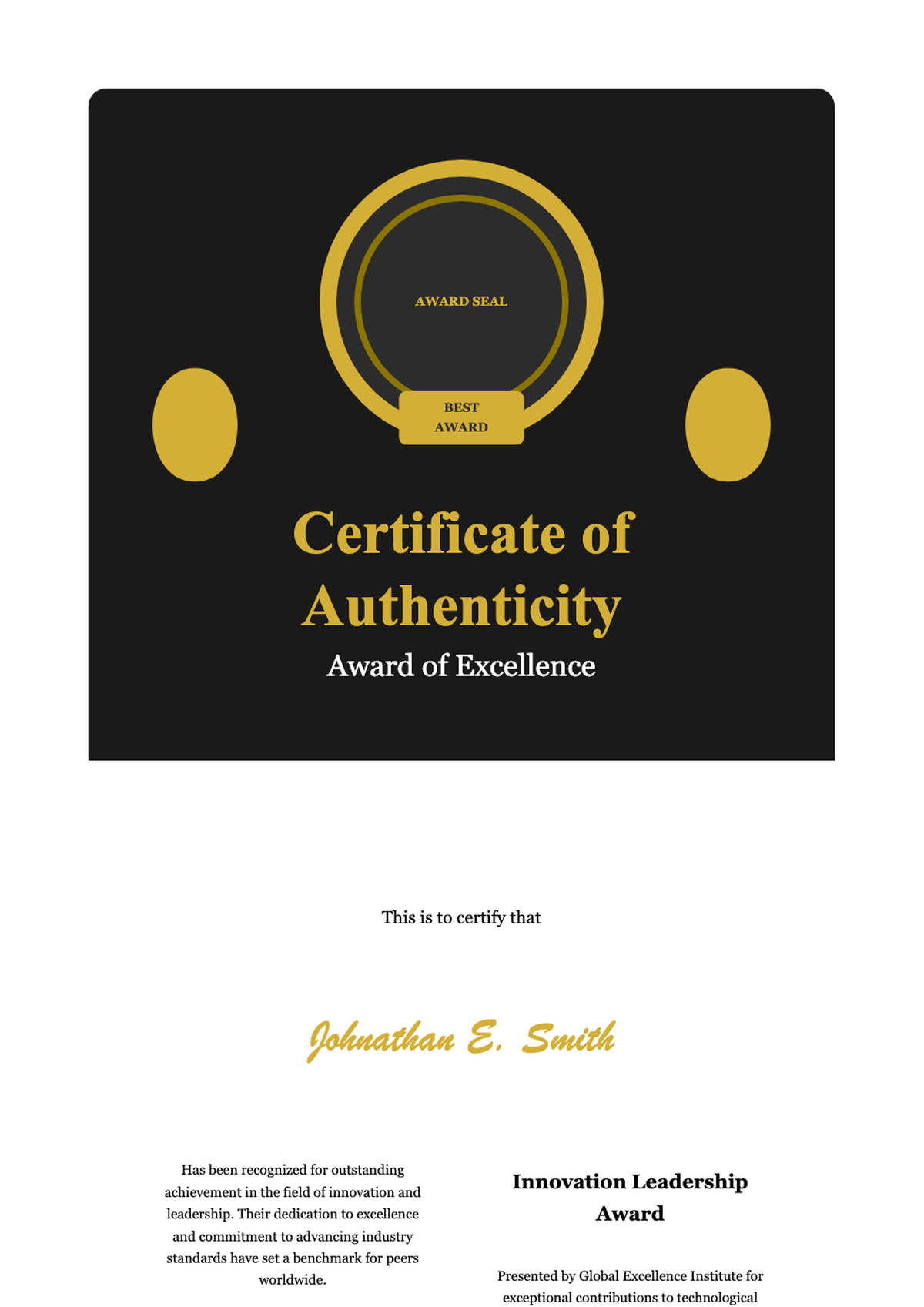 Elegant black and gold certificate of authenticity with laurel wreath and award seal_variant_2